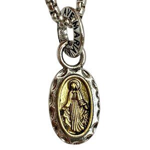 Virgin Mary Ave Maria Pendant Necklace Two Tone Silver Gold 24" Catholic Medal